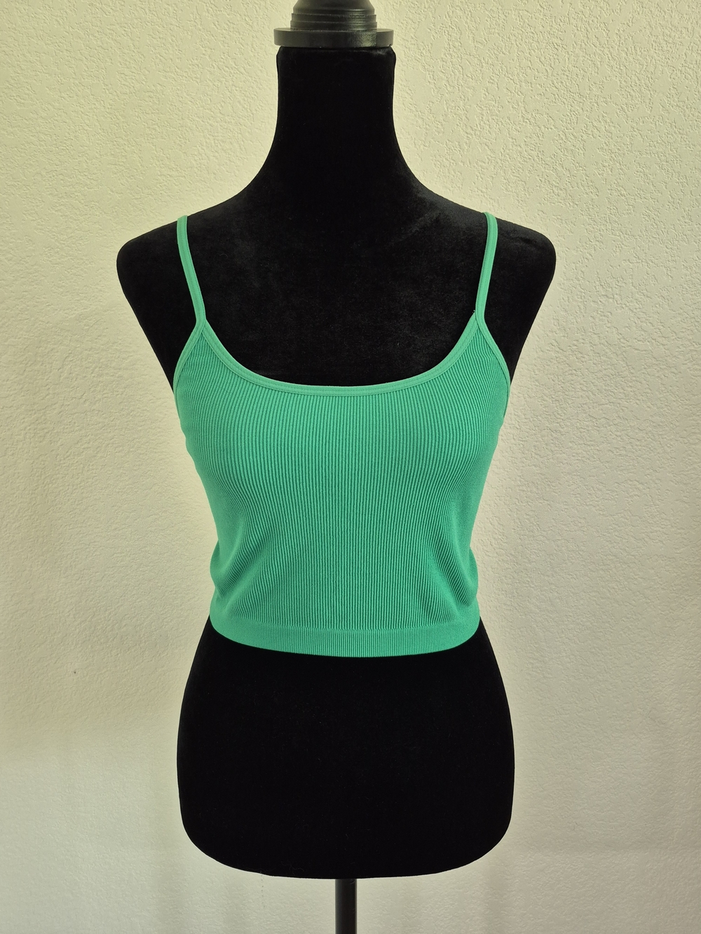 Green Ribbed Spaghetti-Strap Crop Camisole